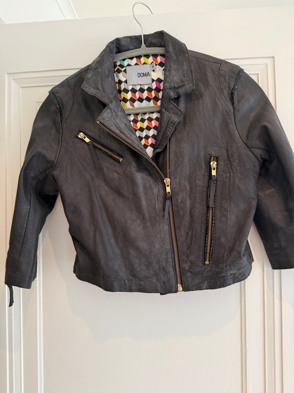 Doma Kids Black Leather Biker Jacket with Gold Zippers